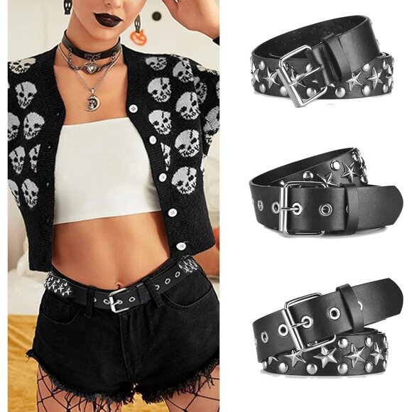 🆕 Women Black Studded Waist Belt Stud Punk Rock Cosplay Halloween Metal Buckle - Picture 4 of 6